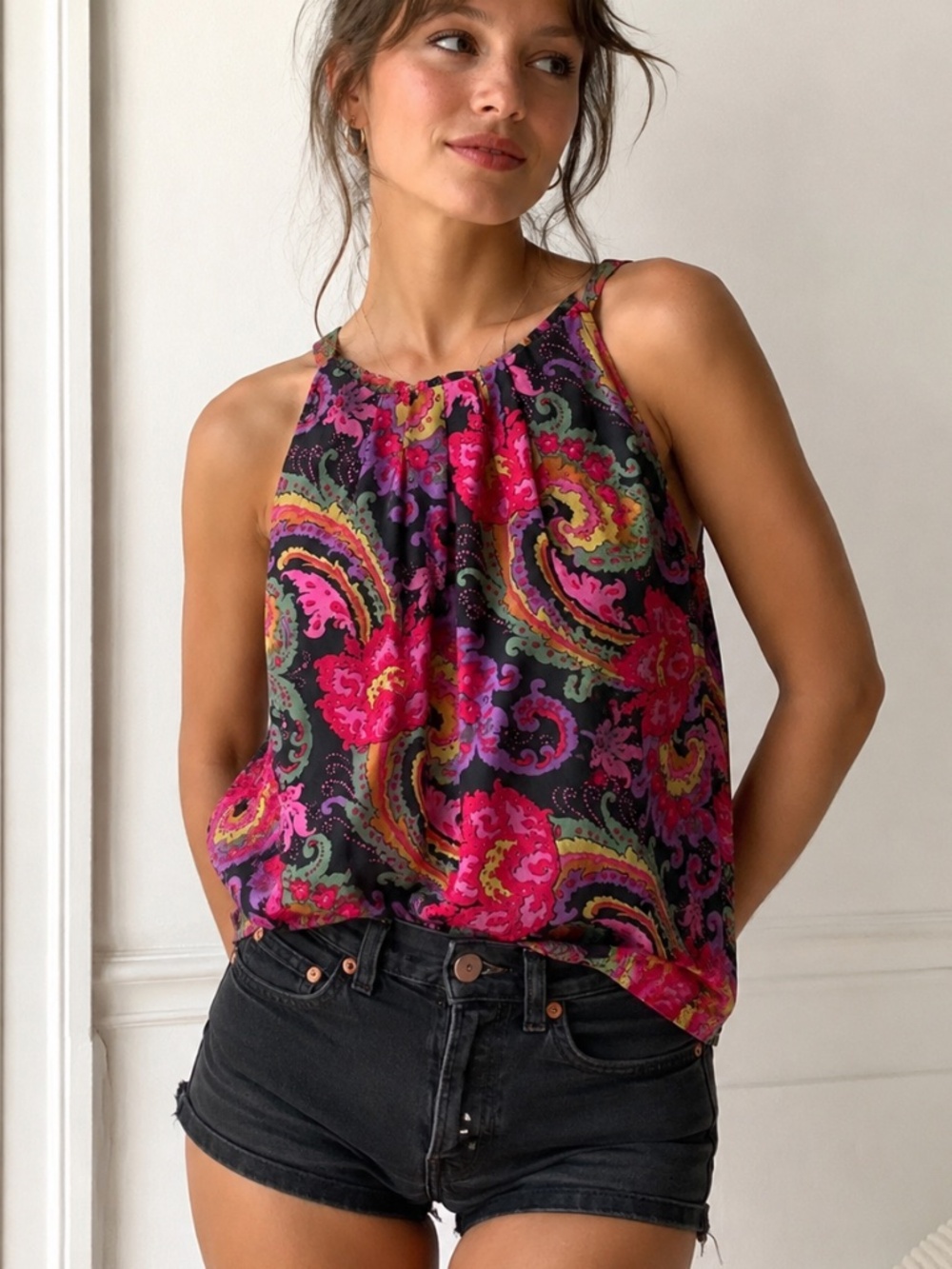 J.Crew Silk Paisley Halter Top Pink Purple Boho Blouse Large
